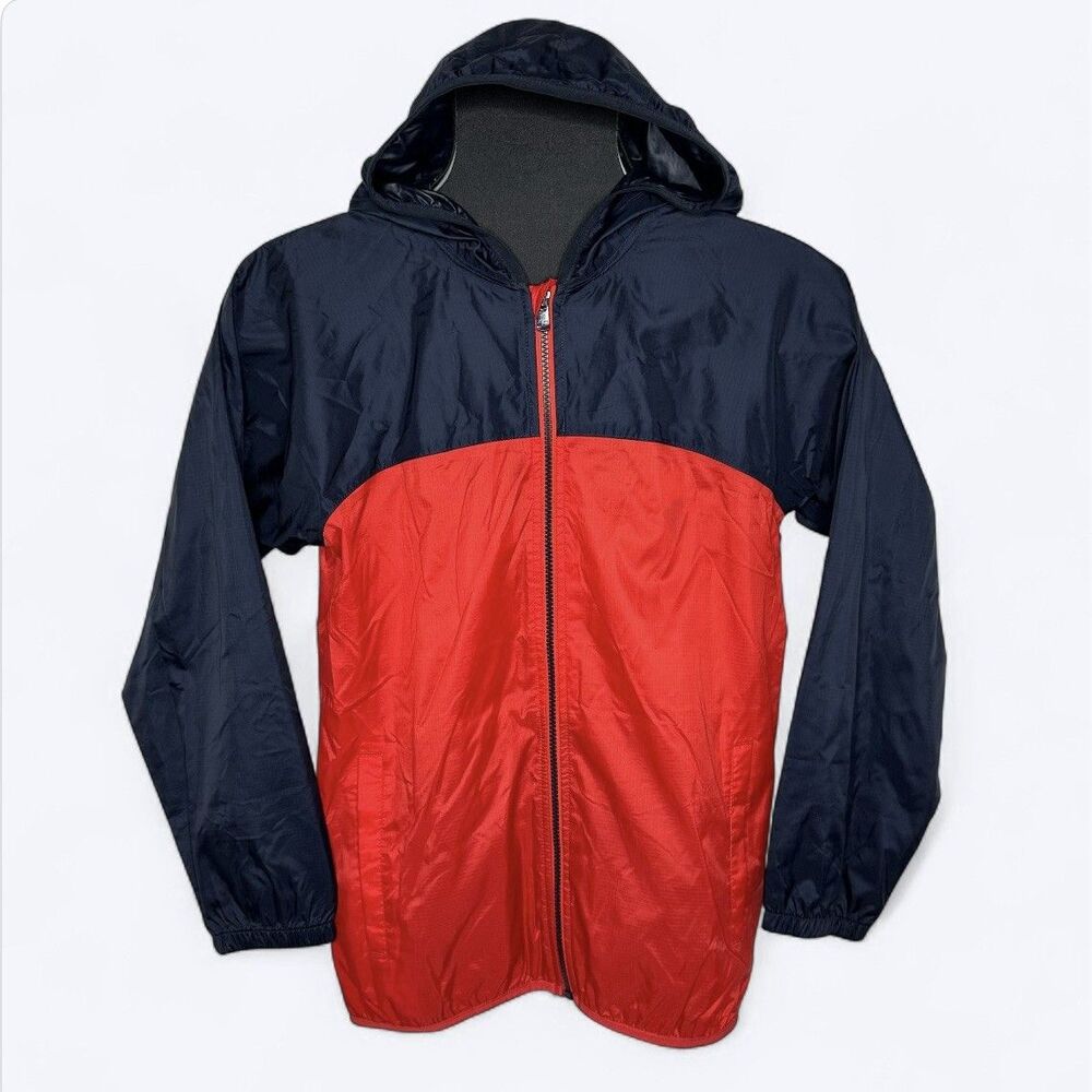 Lands End‎ Kids Packable Windbreaker Sz M Blue Red Rain Jacket Hooded Nautical